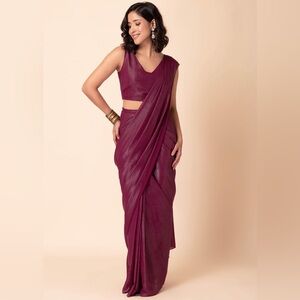 Wine shimmer pre-stitched saree with blouse and belt